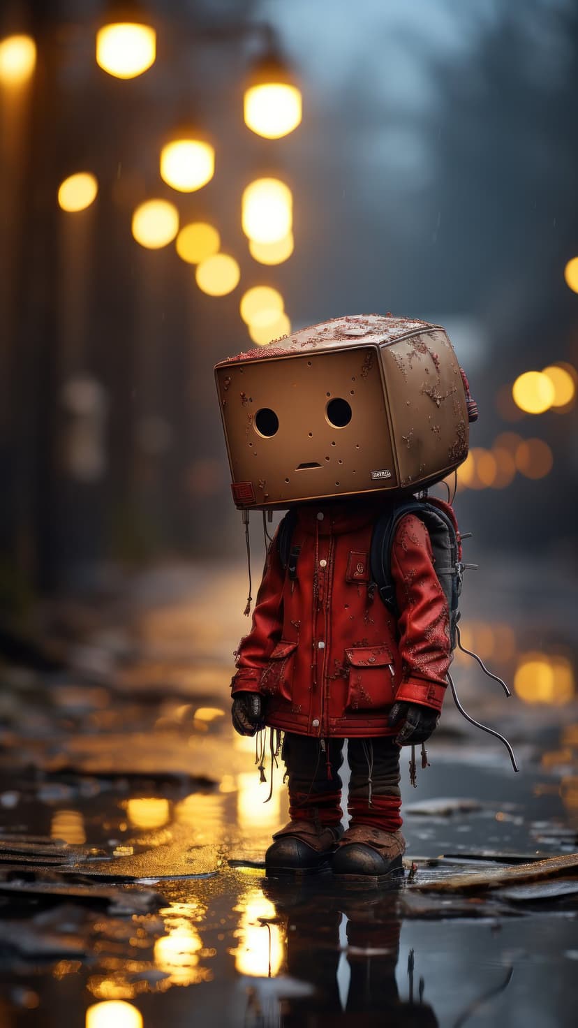 Sad robot with a box head wearing a red jacket and backpack walks on a wet street under yellow streetlights.