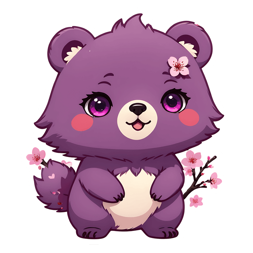 Purple bear sticker illustration features fluffy violet fur, pink cherry blossoms, and glossy black eyes.