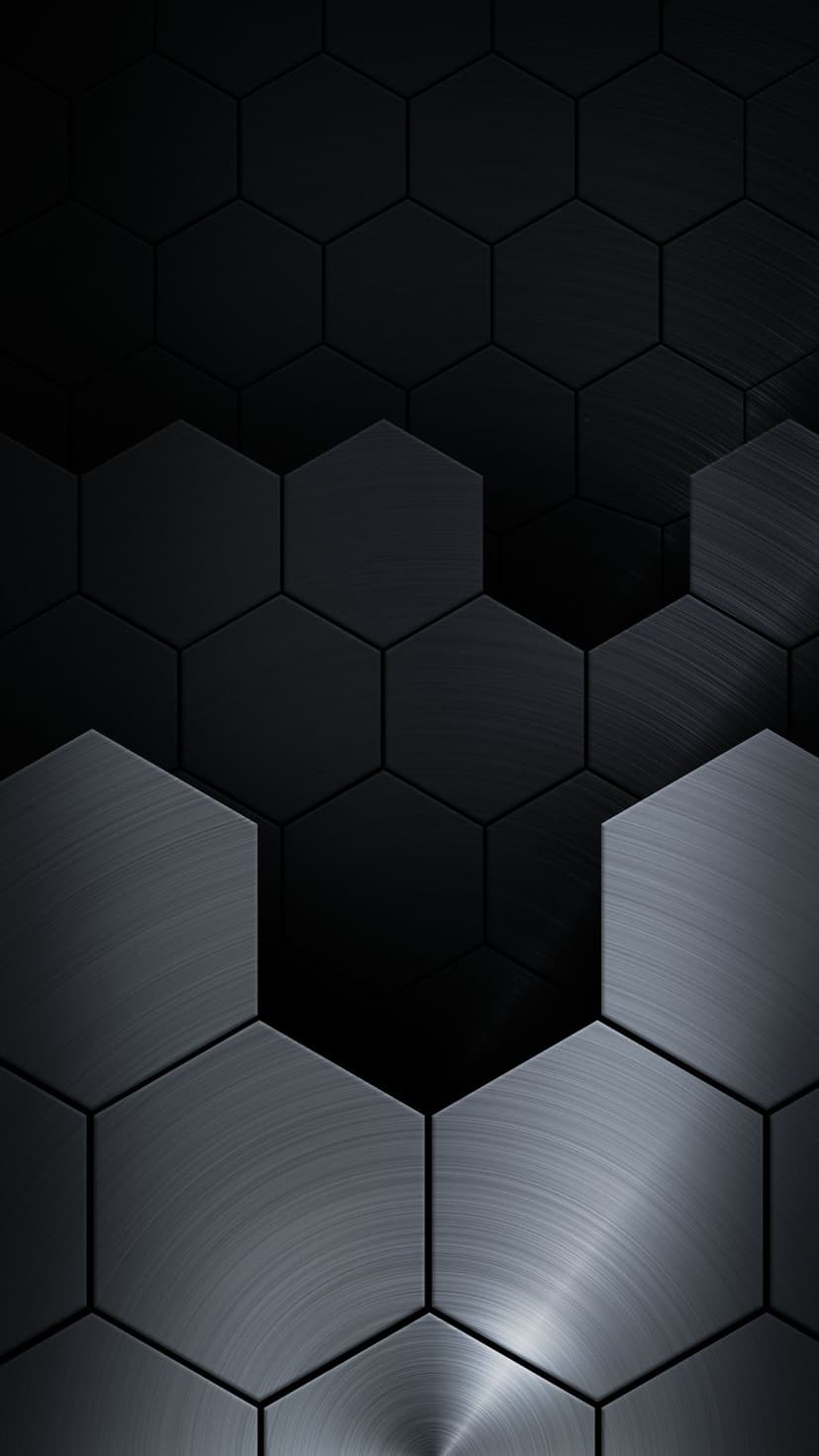 Dark metallic hexagonal tiles with varying brushed and matte textures arranged in a vertical honeycomb pattern.