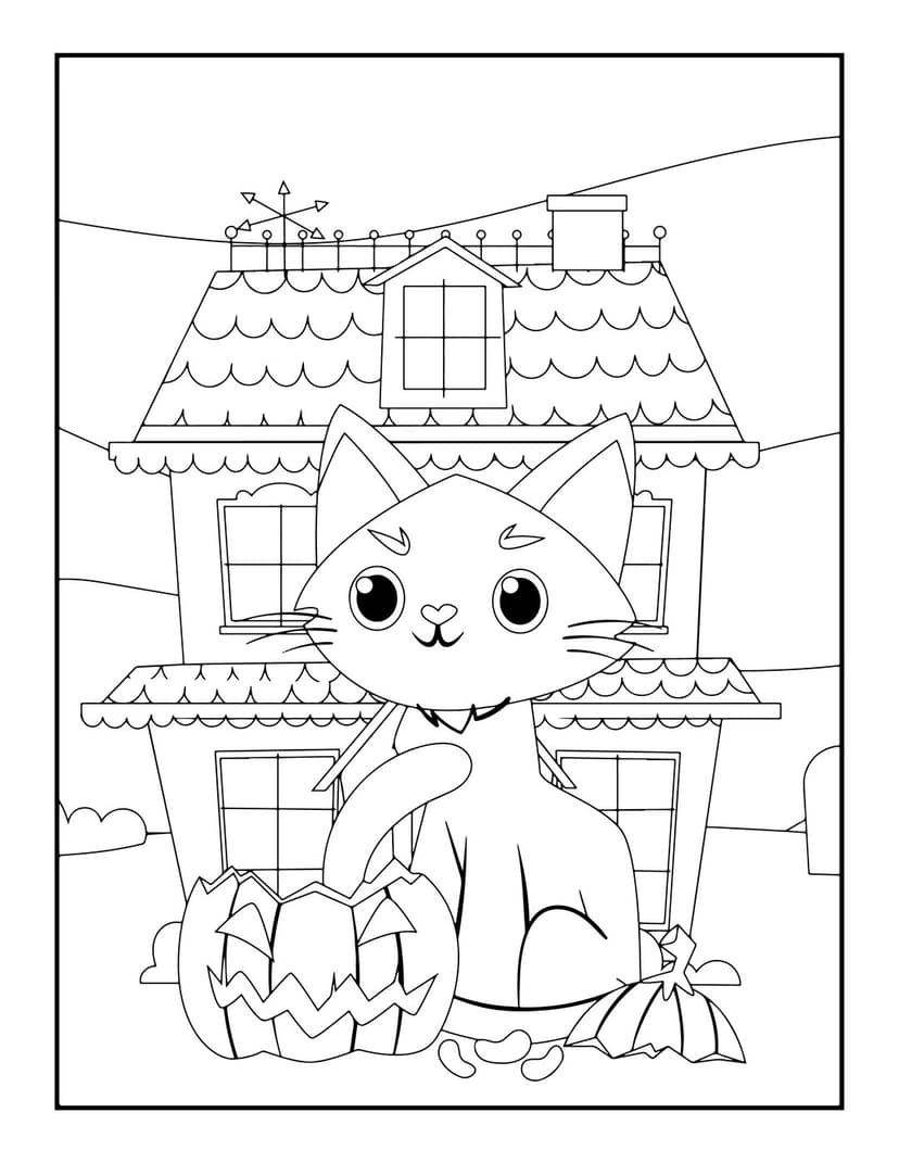 Halloween cat line art illustration featuring sitting feline beside carved pumpkin and spooky manor silhouette.