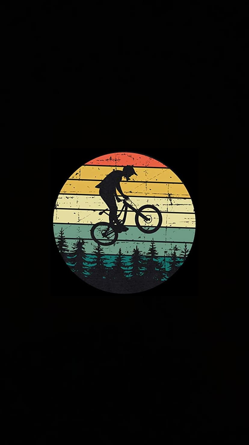 Mountain biker silhouette jumps above pine trees against a circular striped sun in orange, amber, and teal.