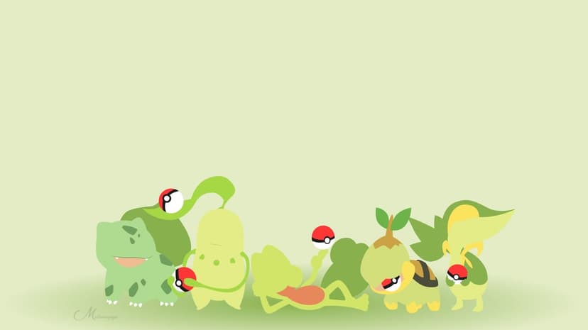 Five grass-type Pokemon in a flat minimalist style holding Poke Balls against a light green landscape background.