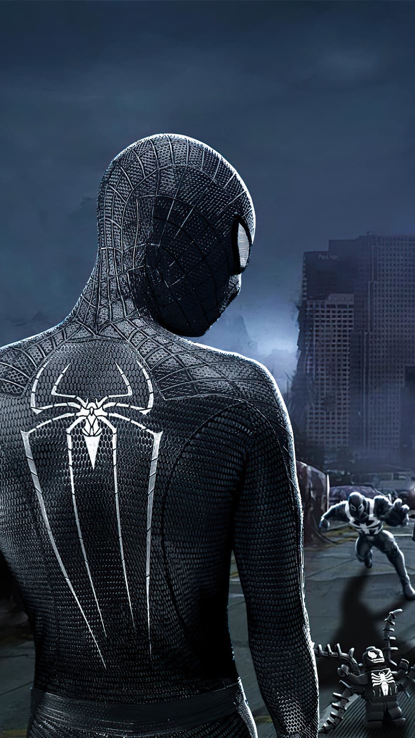 Spider-Man in a black symbiote suit gazes at a ruined city with a silhouette of Venom in the smoky distance.