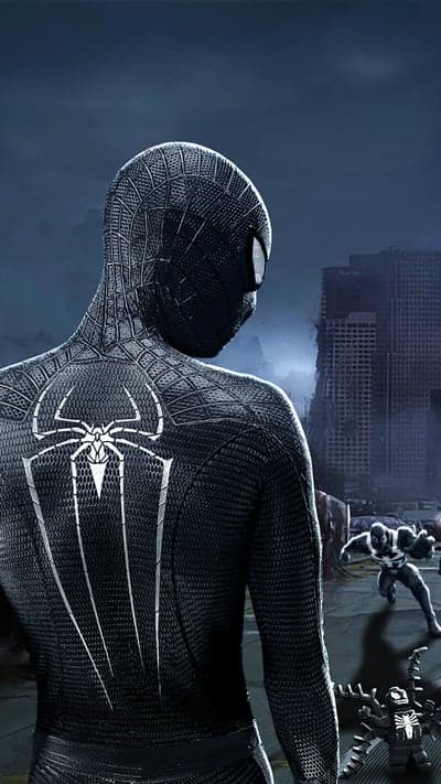 Spider-Man in Black Suit Facing Destroyed Cityscape