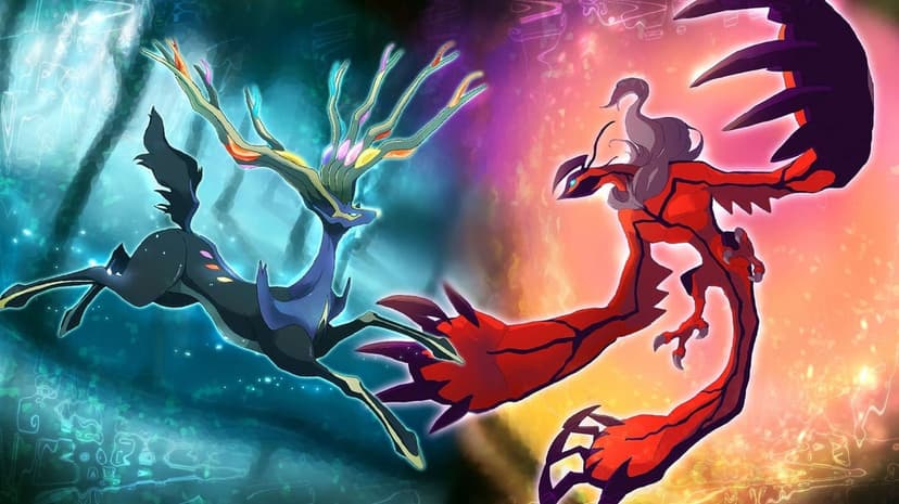 Xerneas leaping through teal light opposite Yveltal with red wings spread against a fiery orange background.