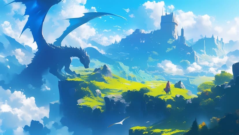 Blue dragon with large wings flies over a distant mountain castle while a figure in a red cloak watches from a cliff.