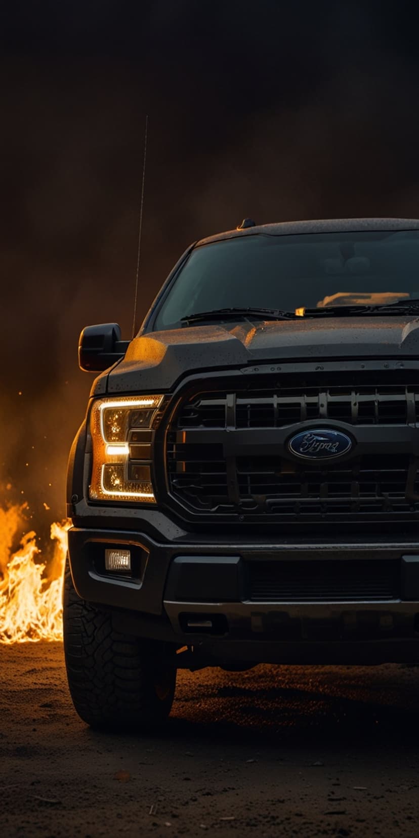 Black Ford Raptor truck with illuminated headlights parked in front of intense orange flames against a dark night sky.