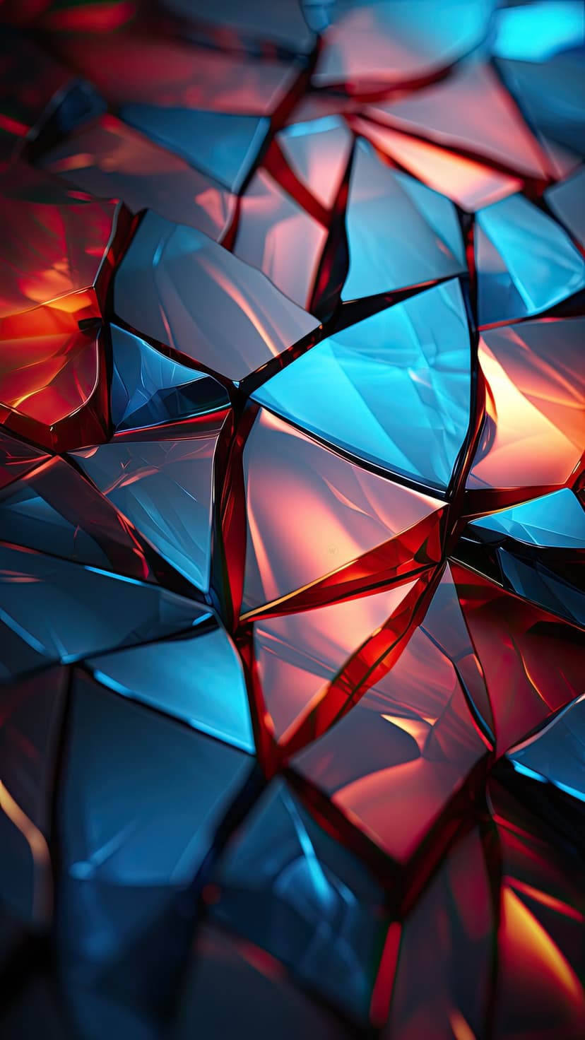 Sharp geometric crystal shards glowing with deep blue and vibrant red light in a dark vertical composition.