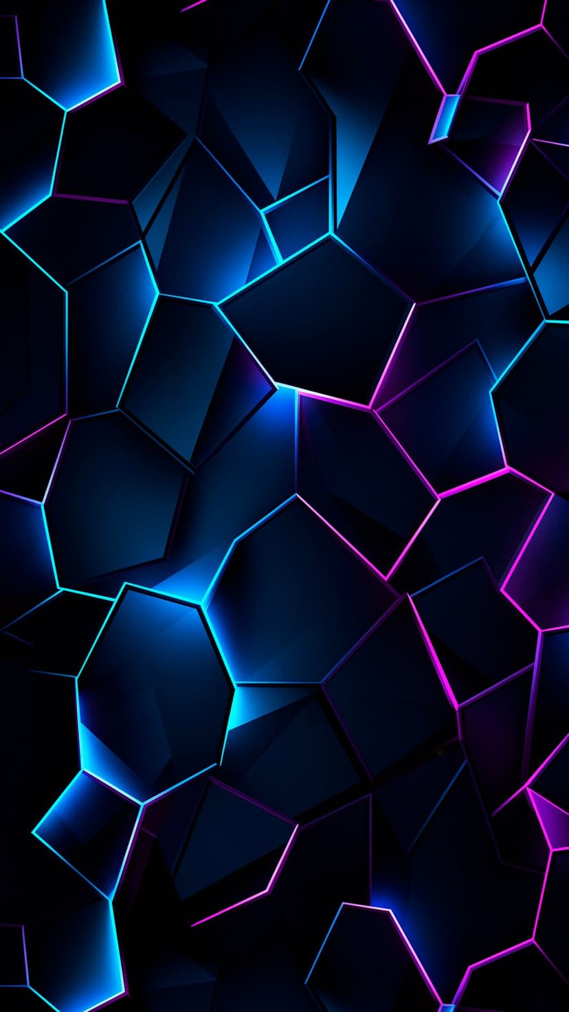 Interlocking geometric polygons with vibrant neon blue and pink glowing outlines set against a dark background.