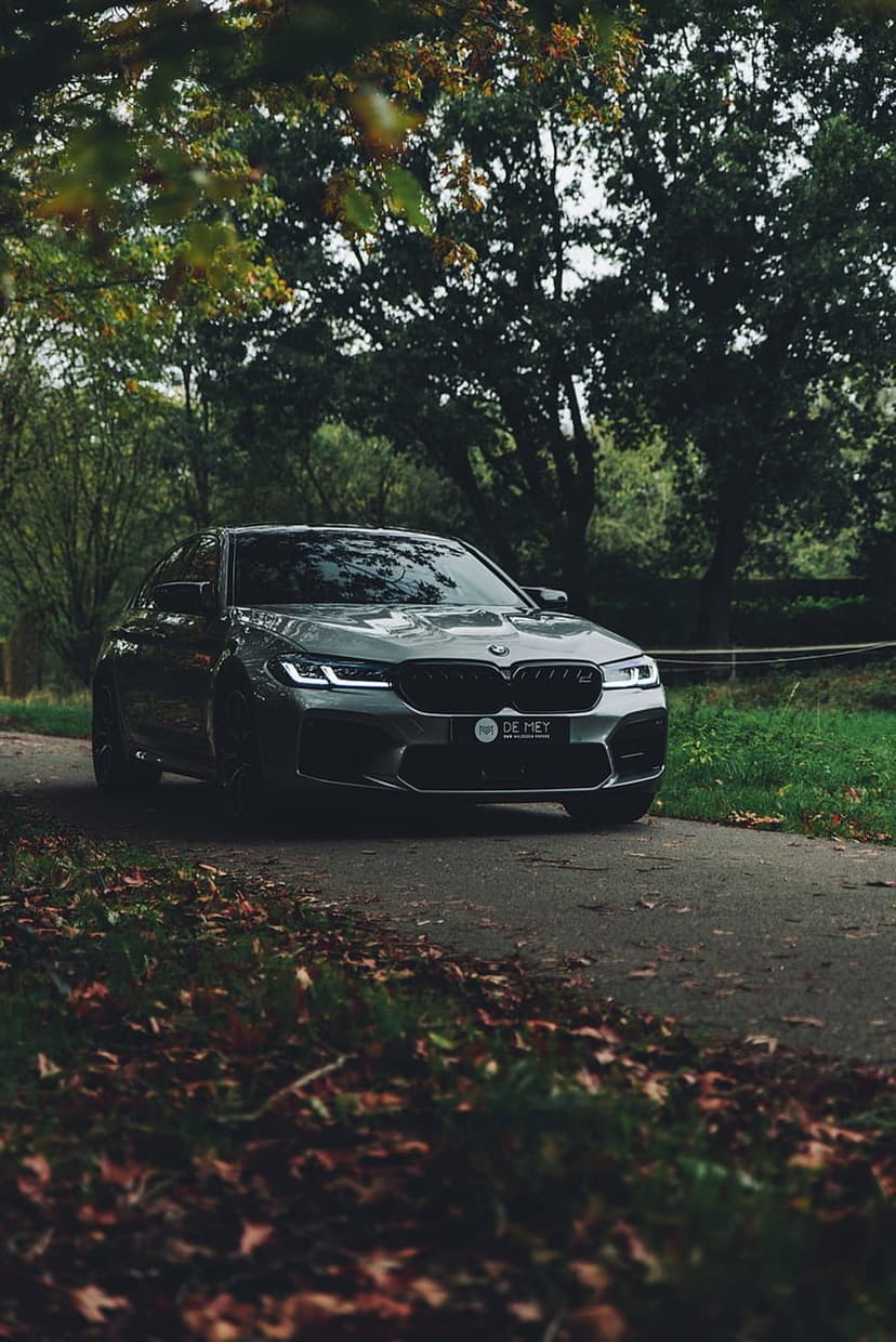 Grey BMW M5 sedan with glowing headlights parked on a paved road covered in orange autumn leaves and green trees.