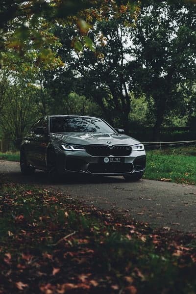 BMW M5 Sedan Fall Foliage Portrait Phone Wallpaper