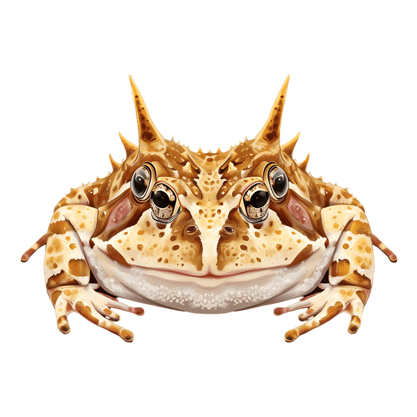 South American horned frog portrait highlights mottled brown skin and spiny eye horns against dark backdrop.