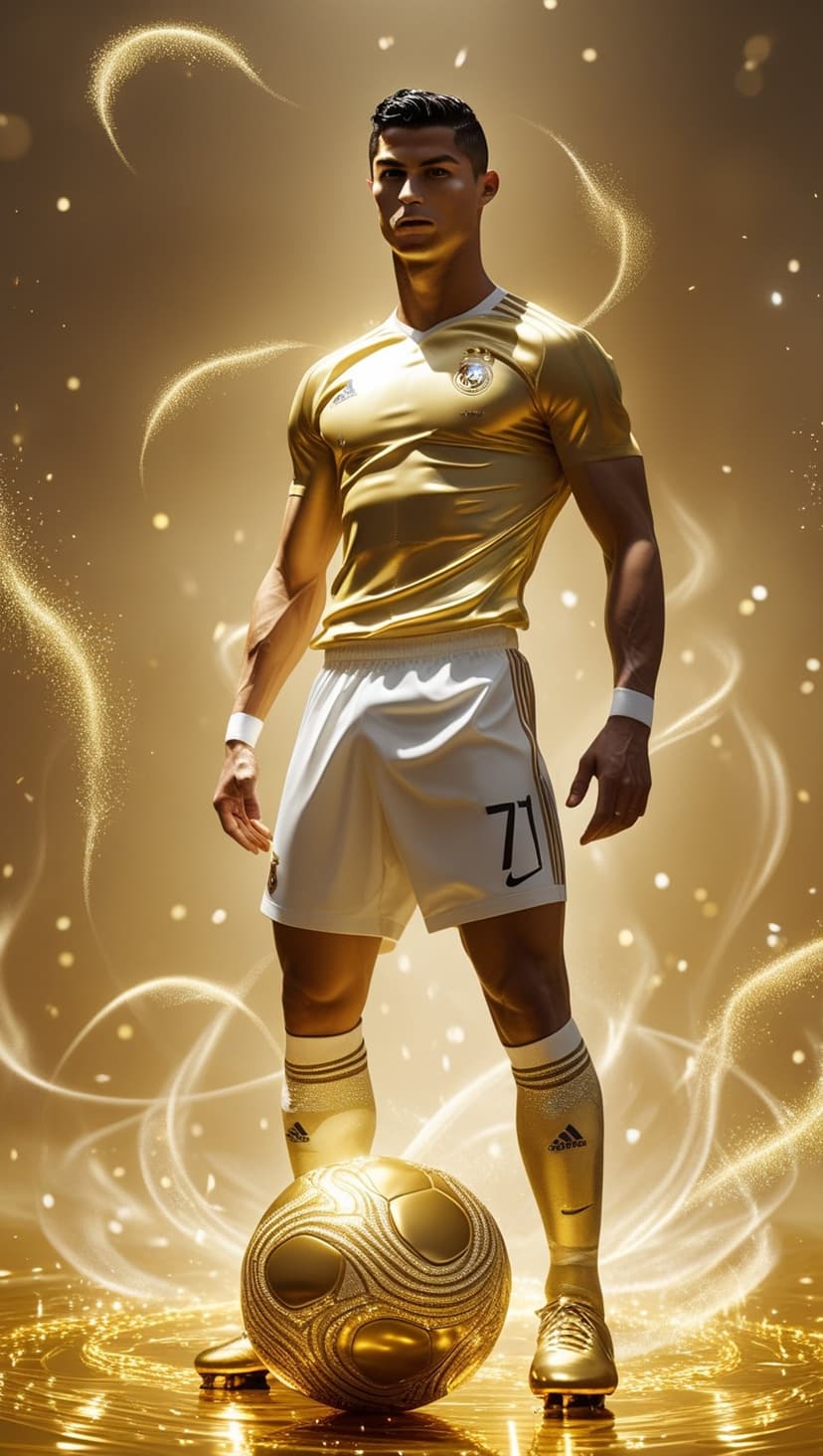 Cristiano Ronaldo in a golden jersey stands by a gold soccer ball amid glowing embers and warm light.