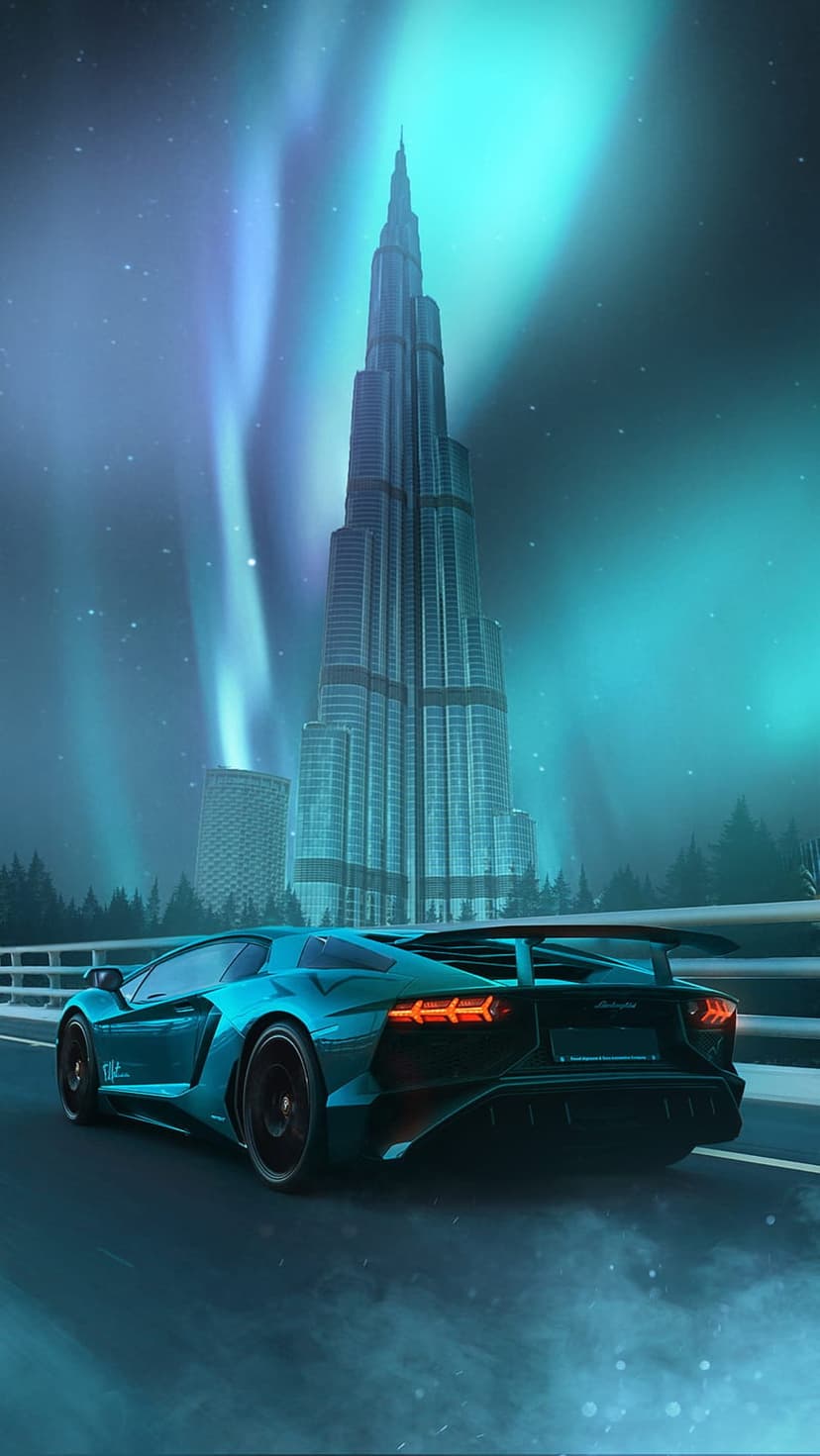 Turquoise sports car with smoke trails speeds past the Burj Khalifa under a green aurora borealis night sky.