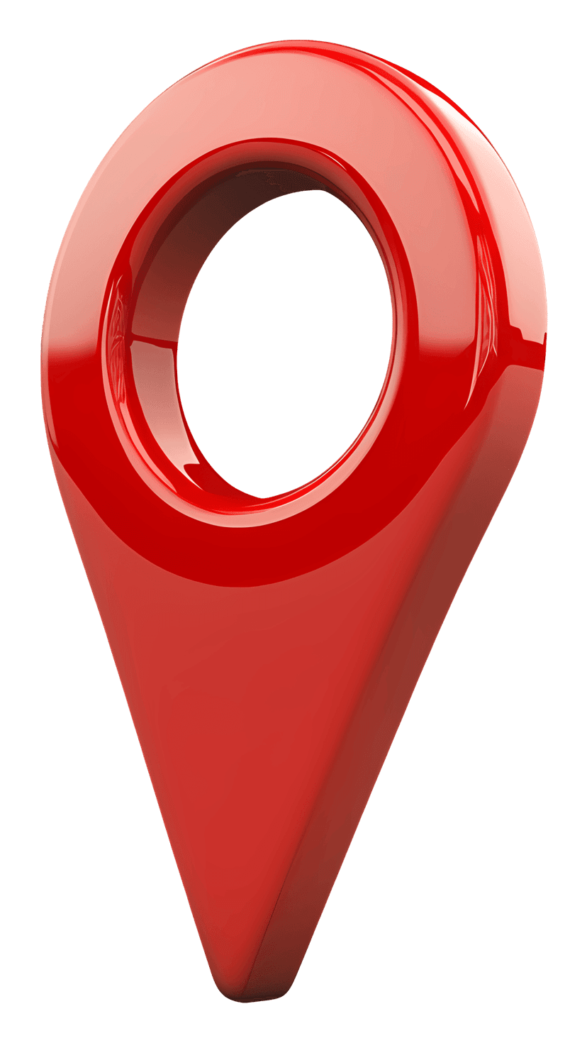 Red location pin icon with a glossy finish stands upright against a transparent background for digital maps.