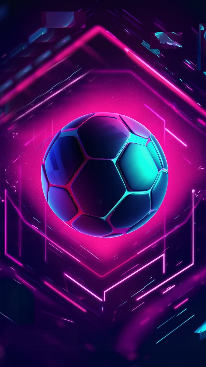 Soccer ball glowing with pink and teal neon lights against a dark backdrop of geometric lines and digital grids.