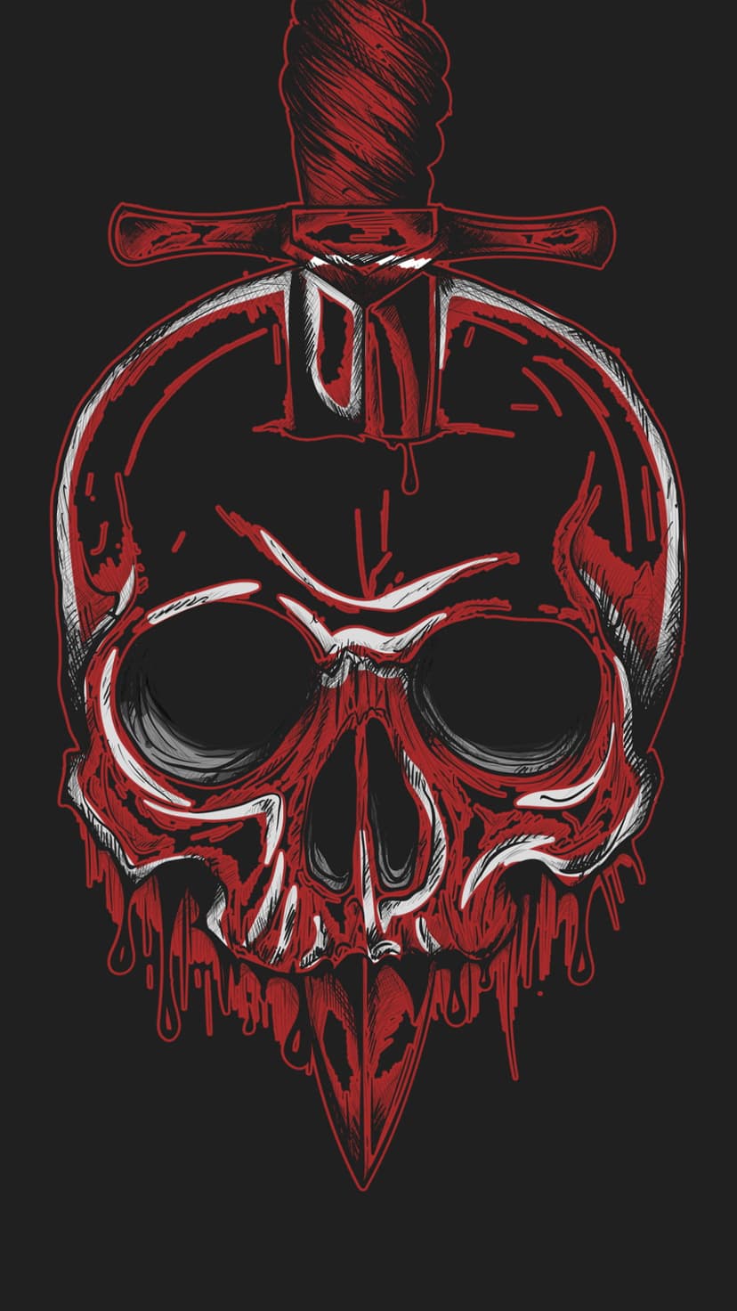 Skeletal skull pierced by a vertical silver sword with dripping crimson blood against a dark noir backdrop.