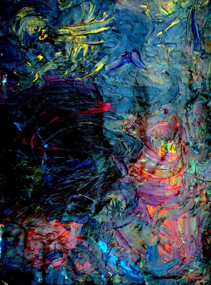 Thick yellow and red paint ridges layered over deep blue textures create a heavy impasto vertical composition.