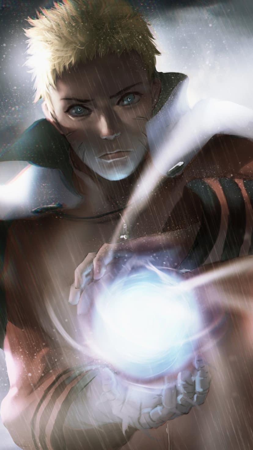 Naruto Uzumaki focuses on a glowing blue sphere of energy while rain falls across his face and orange clothing.