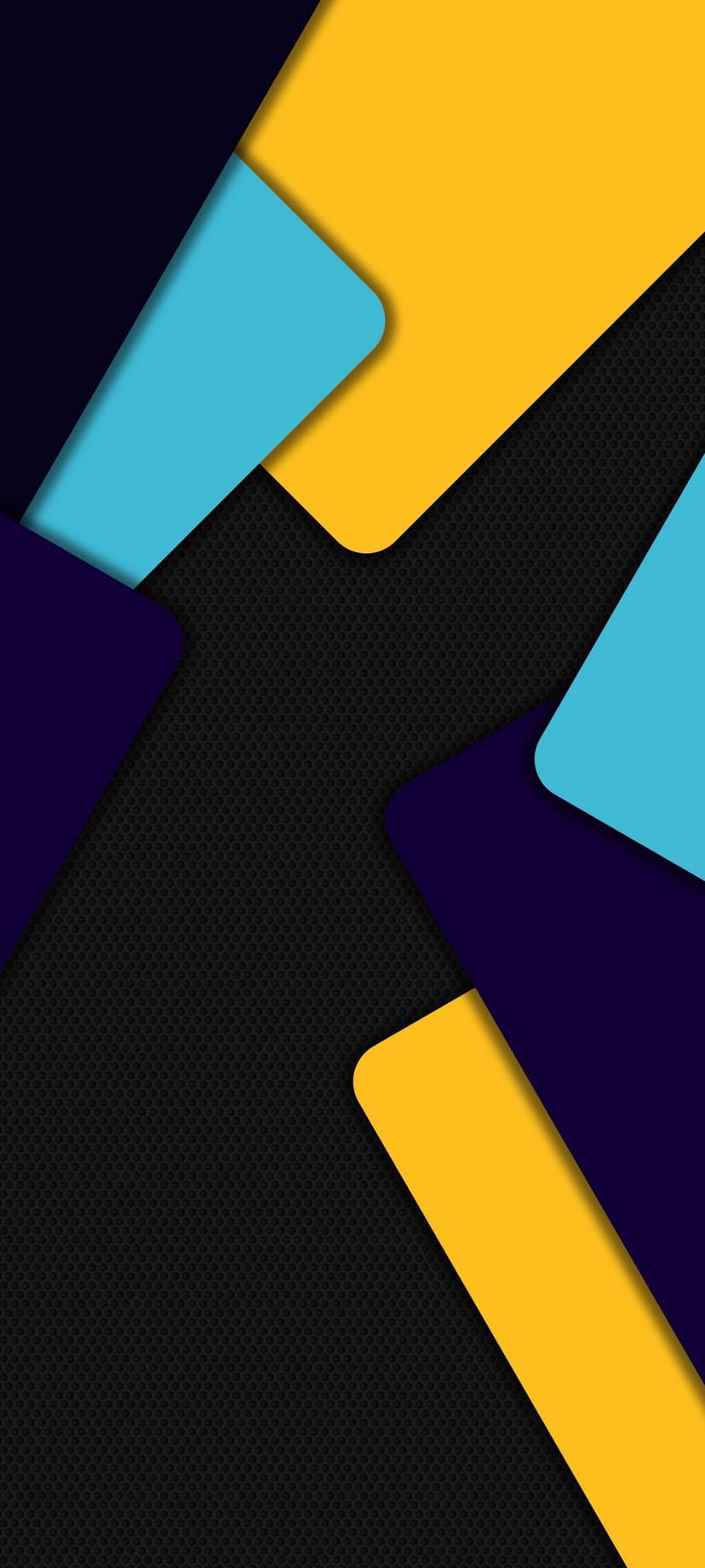 Vibrant yellow, cyan, and purple geometric shapes overlap on a dark textured background with sharp angles.