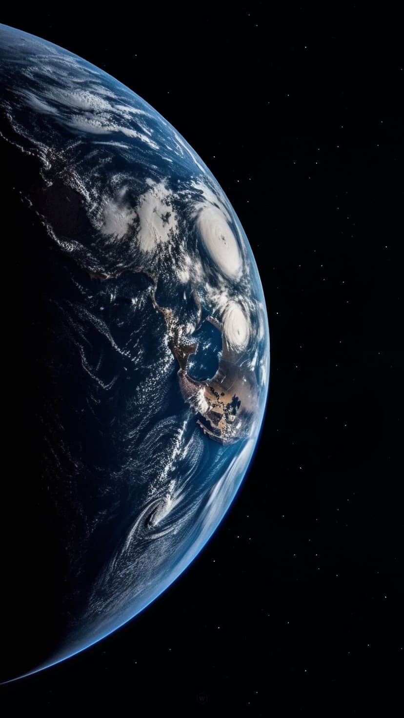 Planet Earth from space features swirling white hurricane clouds over blue oceans and dark starry backgrounds.