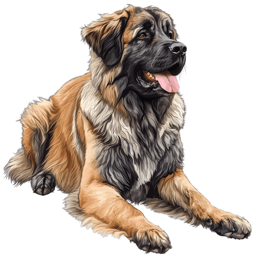 Leonberger dog illustration featuring tan and black fur texture while resting in a relaxed horizontal pose.