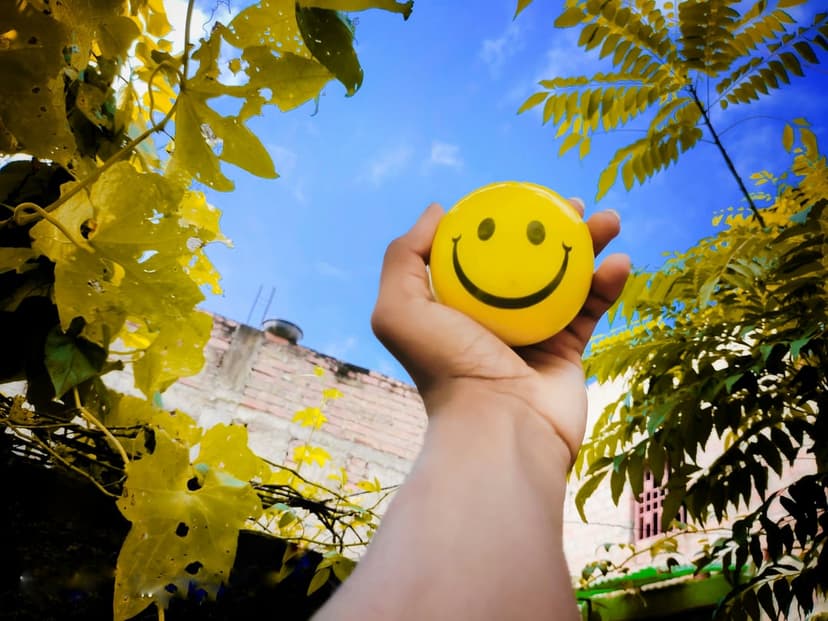 Hand holding a yellow smiley face ball toward a clear blue sky with green and golden leaves framing the edges.