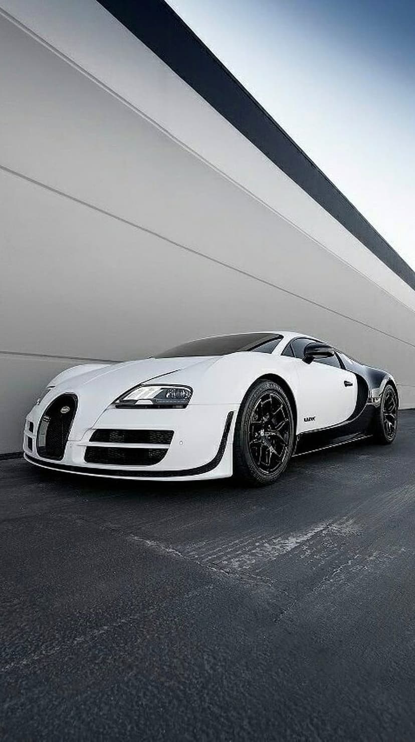 White Bugatti Veyron hypercar with black rims parked on asphalt in front of a minimalist white and black building.