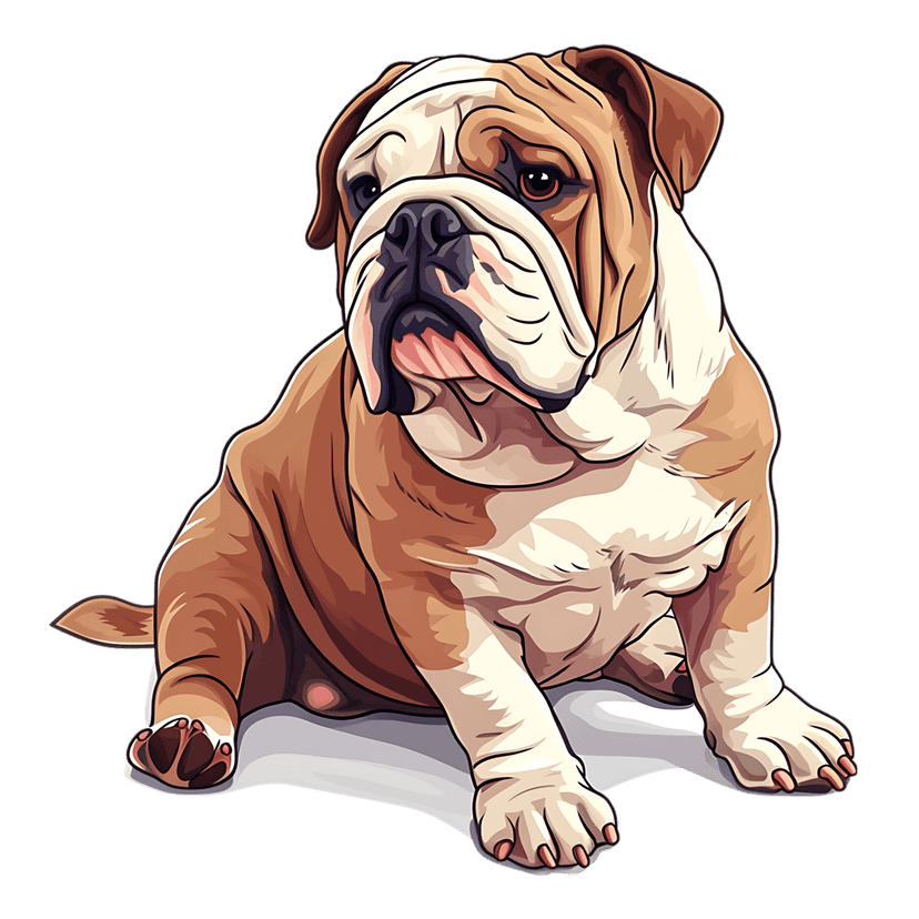 English Bulldog digital art sitting against a black background showing brown and white fur with thick outlines.