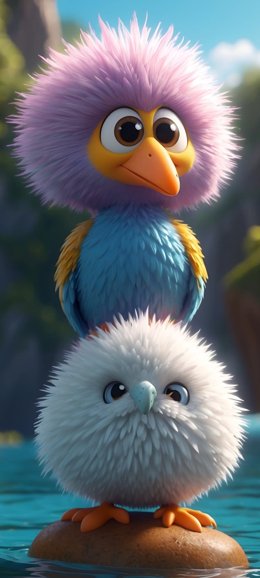 Purple, blue, and white fluffy cartoon birds stacked on a river stone against a sunny landscape backdrop.