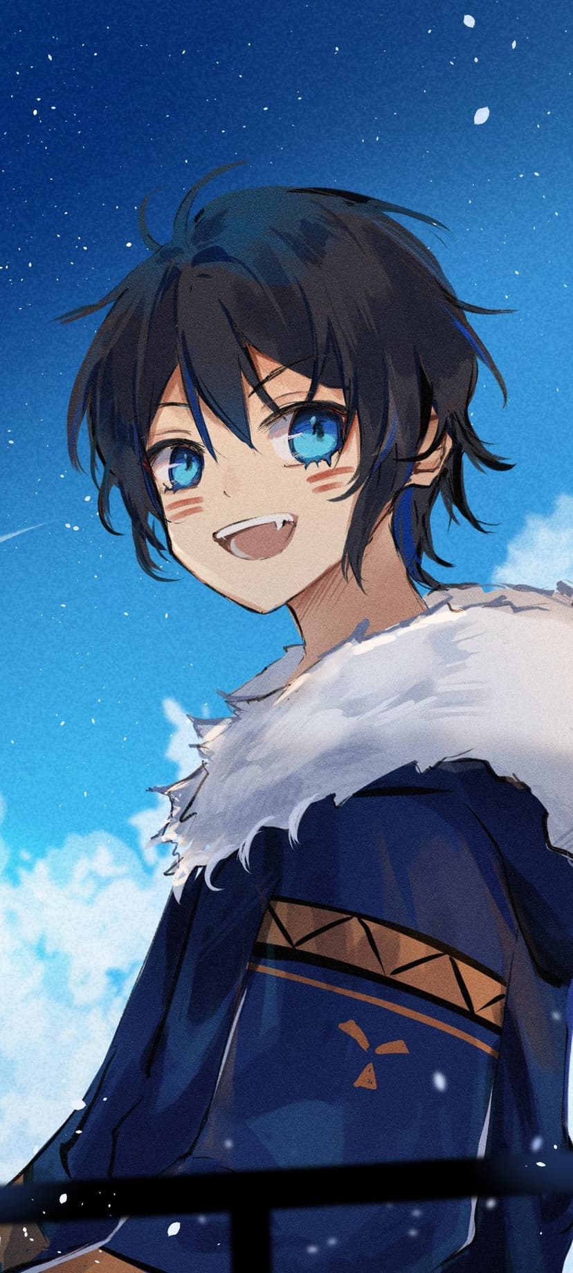 Anime boy with blue eyes and messy black hair wears a white fur collar against a starry twilight sky background.
