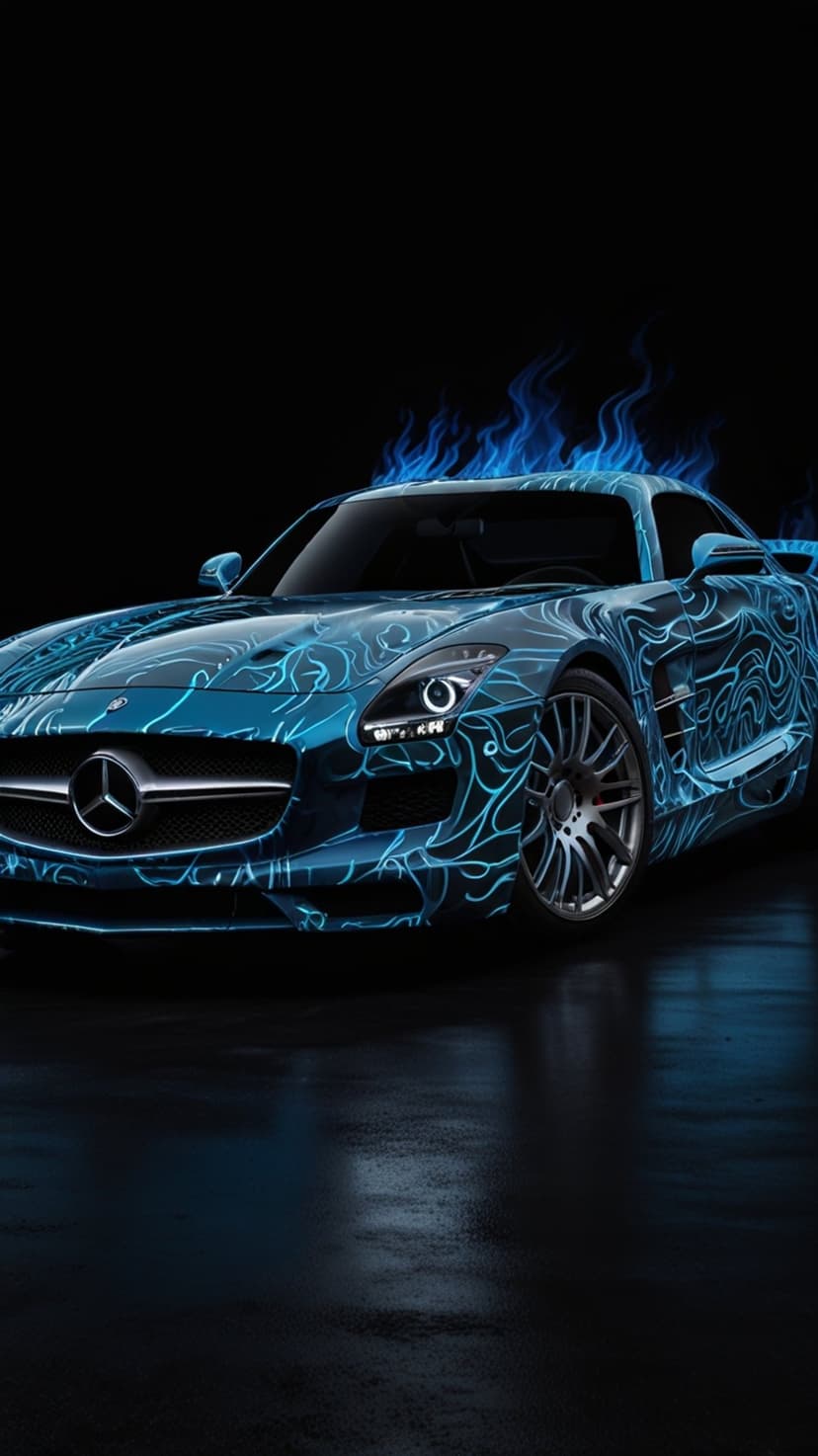 Mercedes-Benz SLS AMG with blue flames and glowing circuitry patterns reflected on a dark glossy surface.