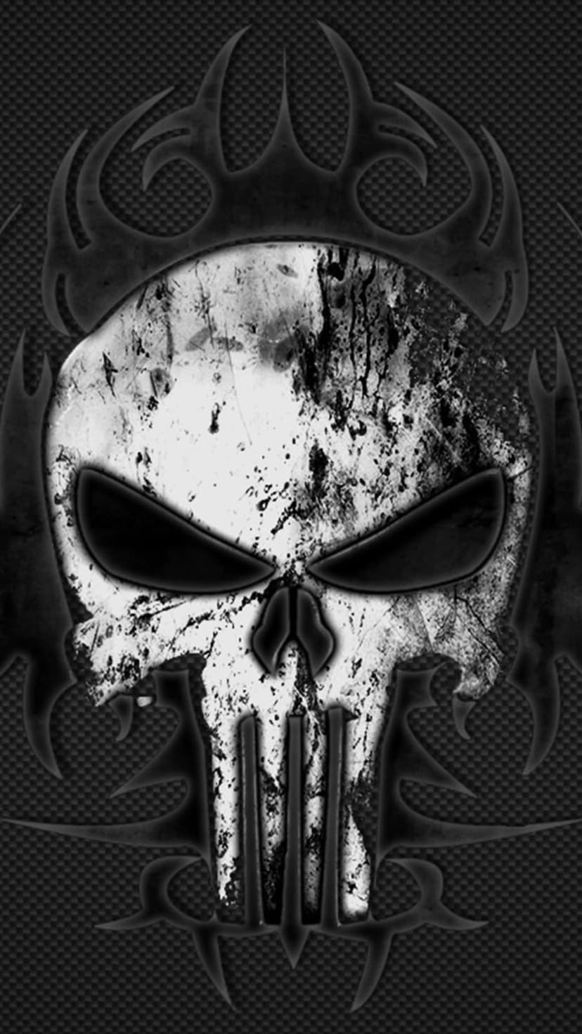 Weathered Punisher skull with black tribal flame patterns over a dark grey carbon fiber texture background.