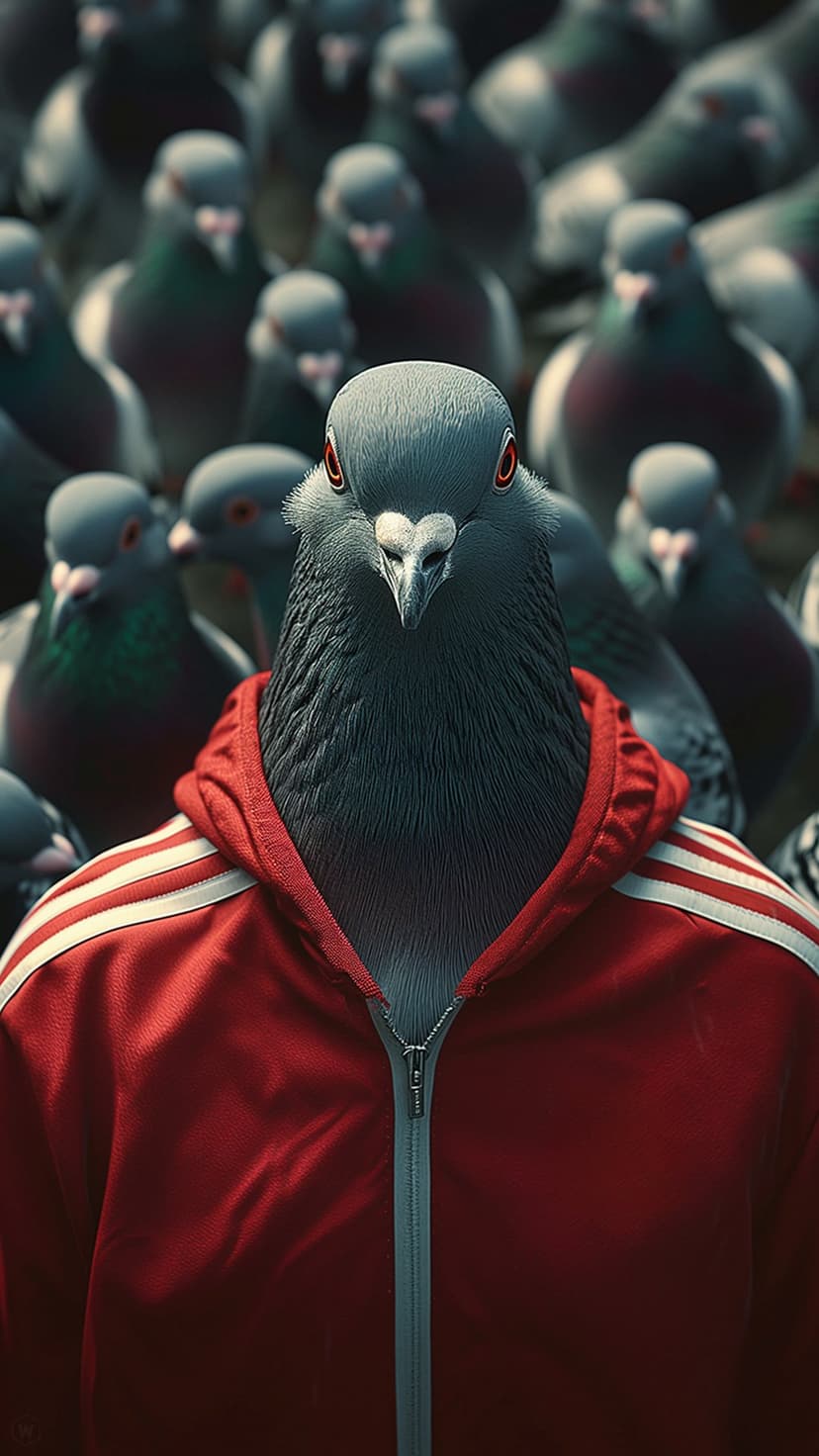 Pigeon wearing a red tracksuit with white stripes stands before a blurred flock of birds in a city setting.