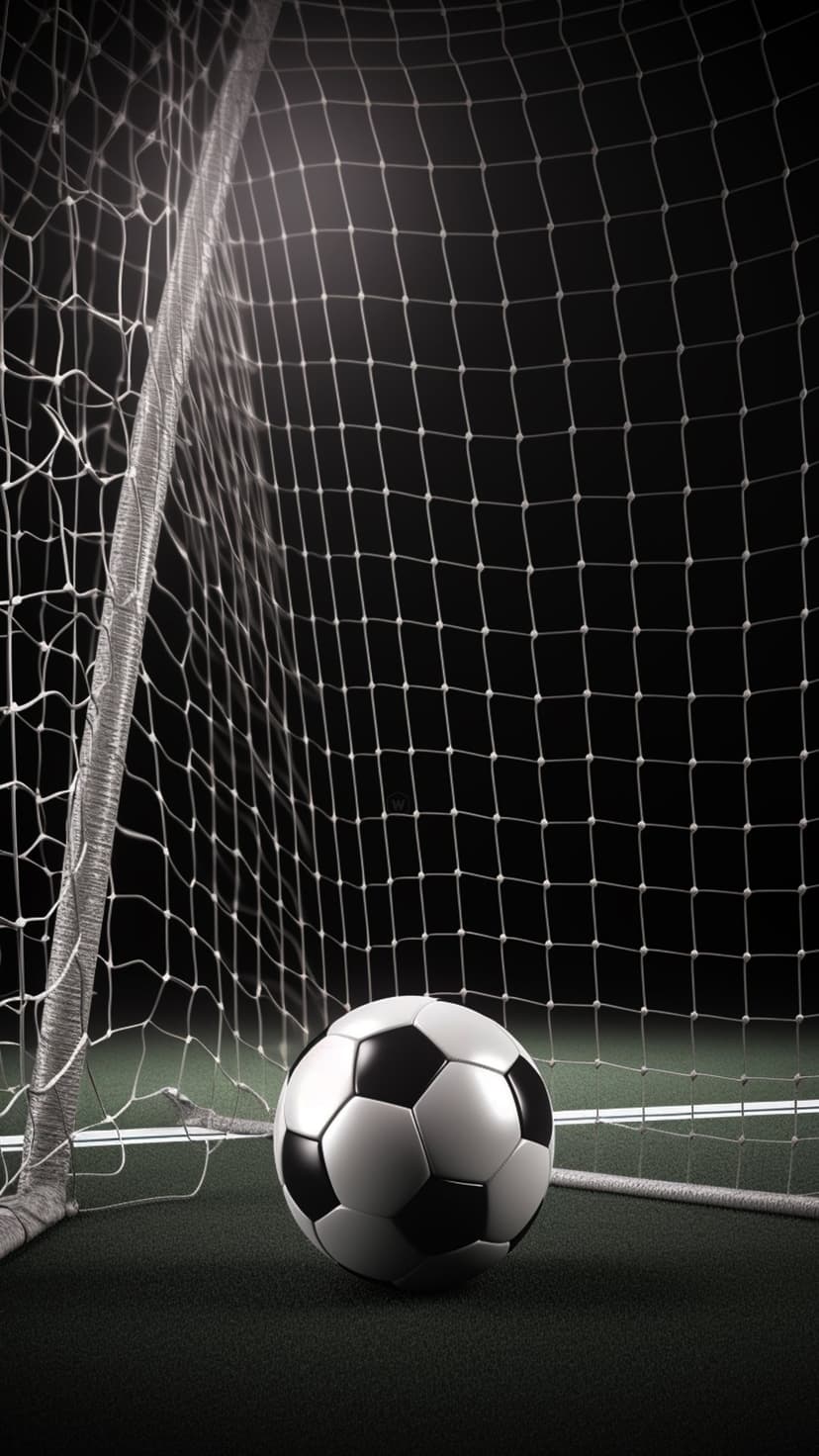 Soccer ball sits on green grass in front of a white goal net under dark, dramatic stadium lighting at night.