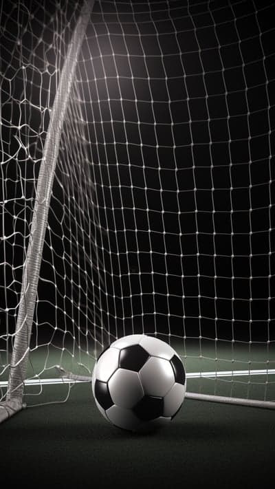 Soccer ball near goal net in dramatic lighting