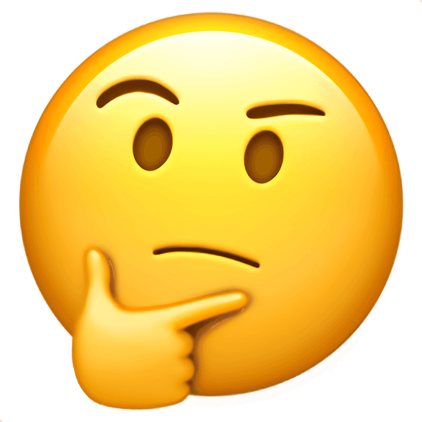 Thinking face emoji with yellow skin, hand resting on chin, and raised eyebrow on a transparent background.