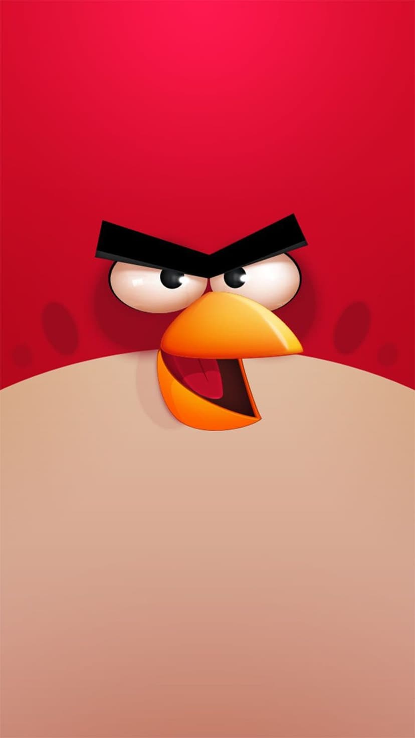 Red from Angry Birds shows a grumpy expression with thick eyebrows and an open beak on a split-tone backdrop.