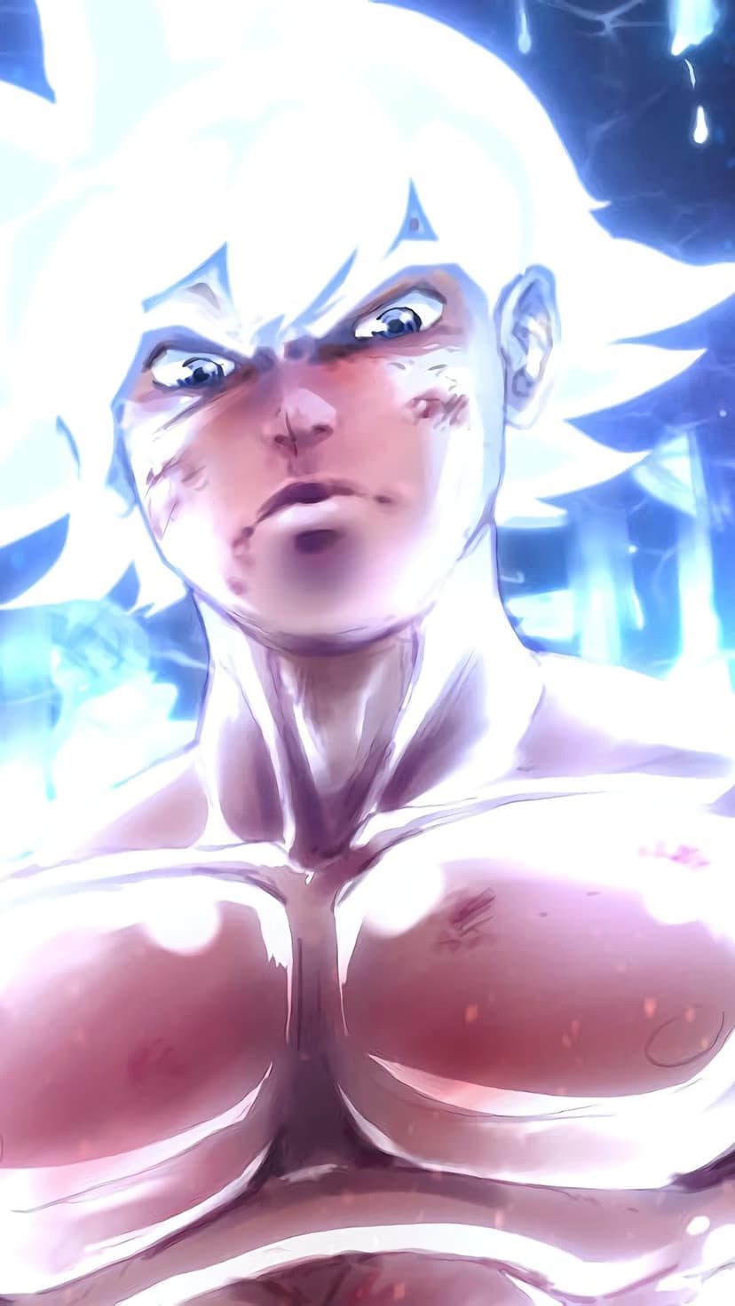 Goku with silver hair, facial scars, and glowing gray eyes stares forward against a luminous energy aura.