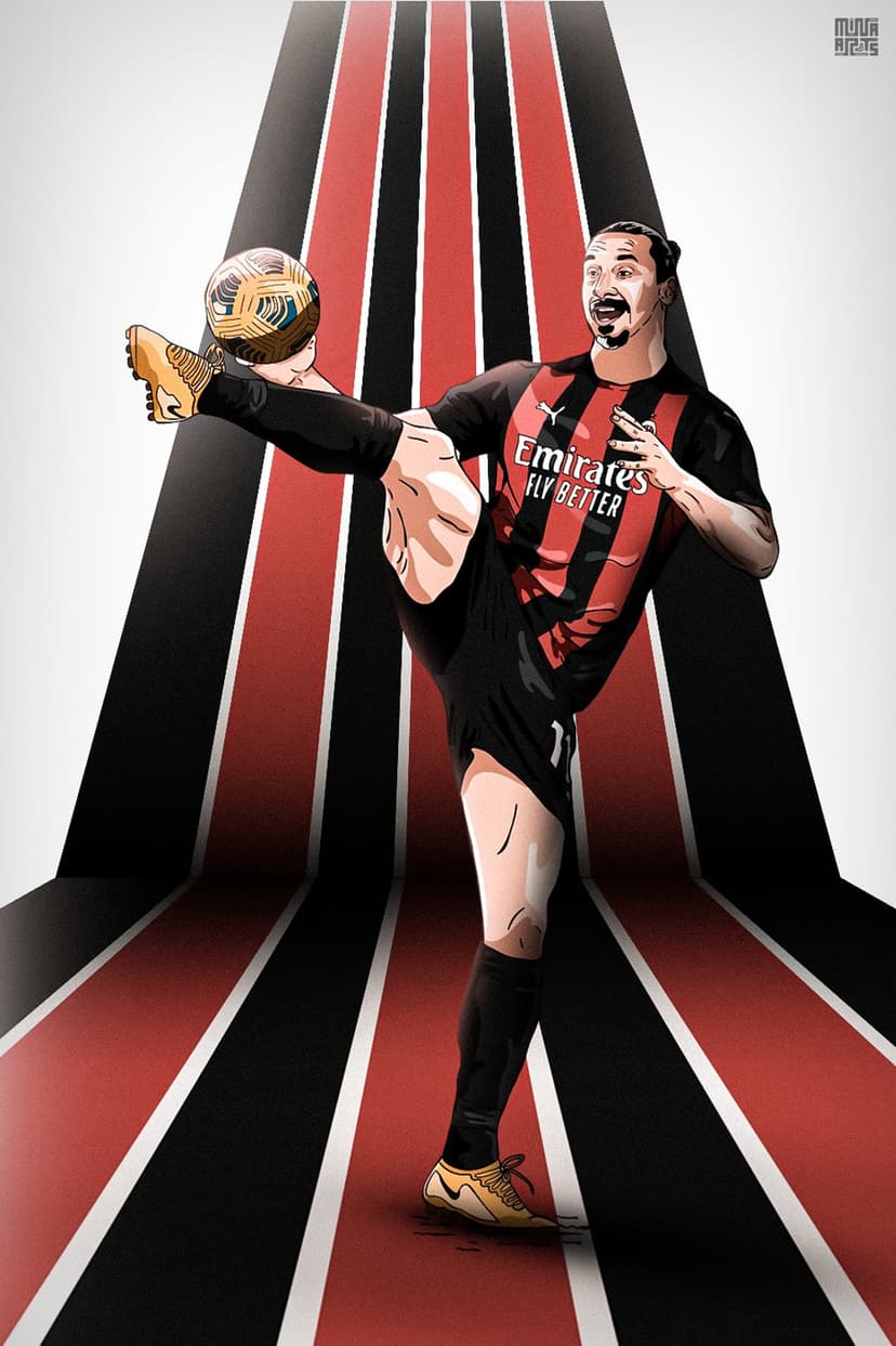 Soccer player with a top knot performs a high leg kick to control a ball against red and black striped rays.