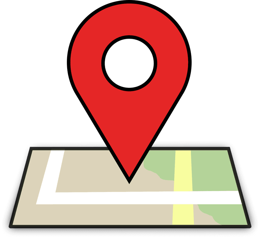 Red location pin marker stands atop a blue and grey stylized map illustration with soft lighting shadows.