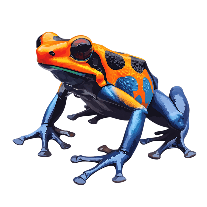 Poison dart frog macro profile displays vivid orange and blue skin patterns against a deep black background.
