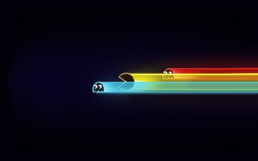 Pac-Man and ghosts with glowing light trails on a dark scanline background in a minimalist retro pixel art style.