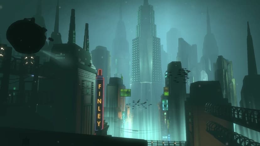 Submerged Art Deco skyscrapers in a teal ocean with schools of fish and neon signs in an underwater city.