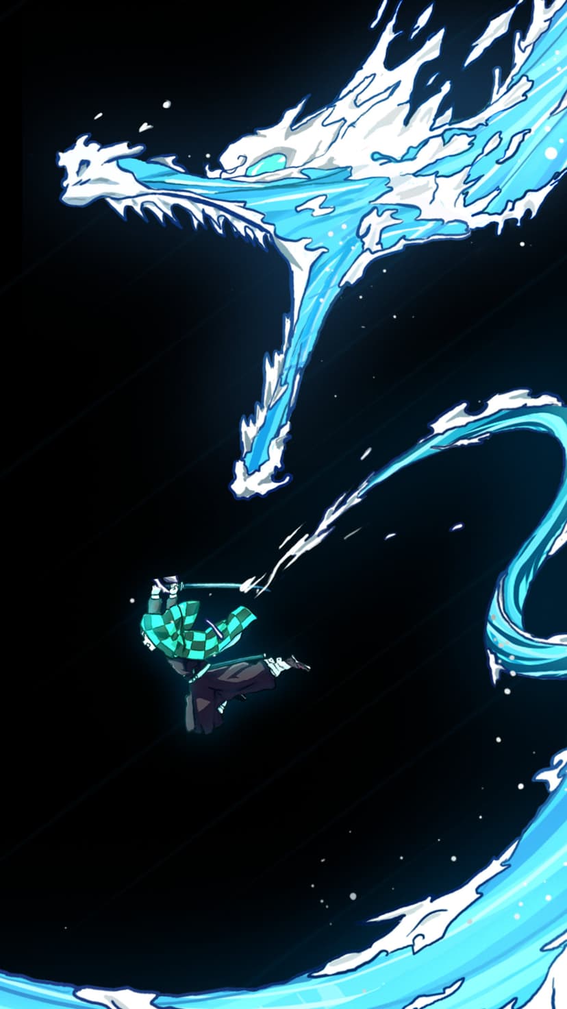 Tanjiro Kamado swings a sword through a giant blue water serpent while wearing a green checkered haori.