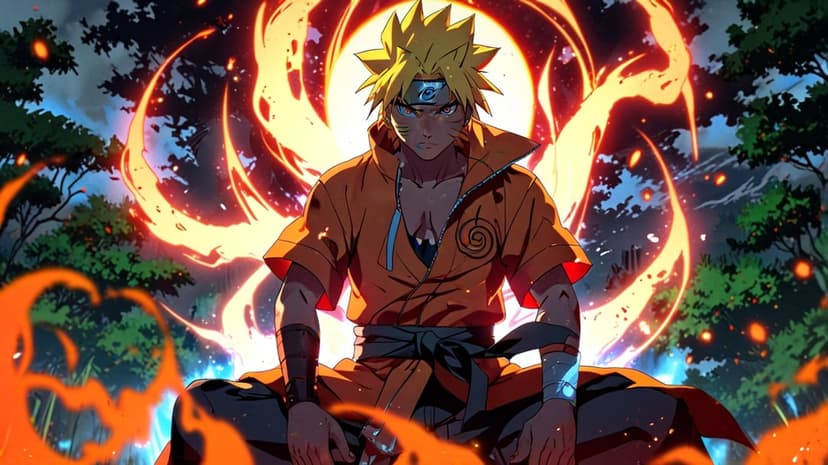 Naruto Uzumaki in Sage Mode sits cross-legged with a glowing orange aura against a shadowy forest background.