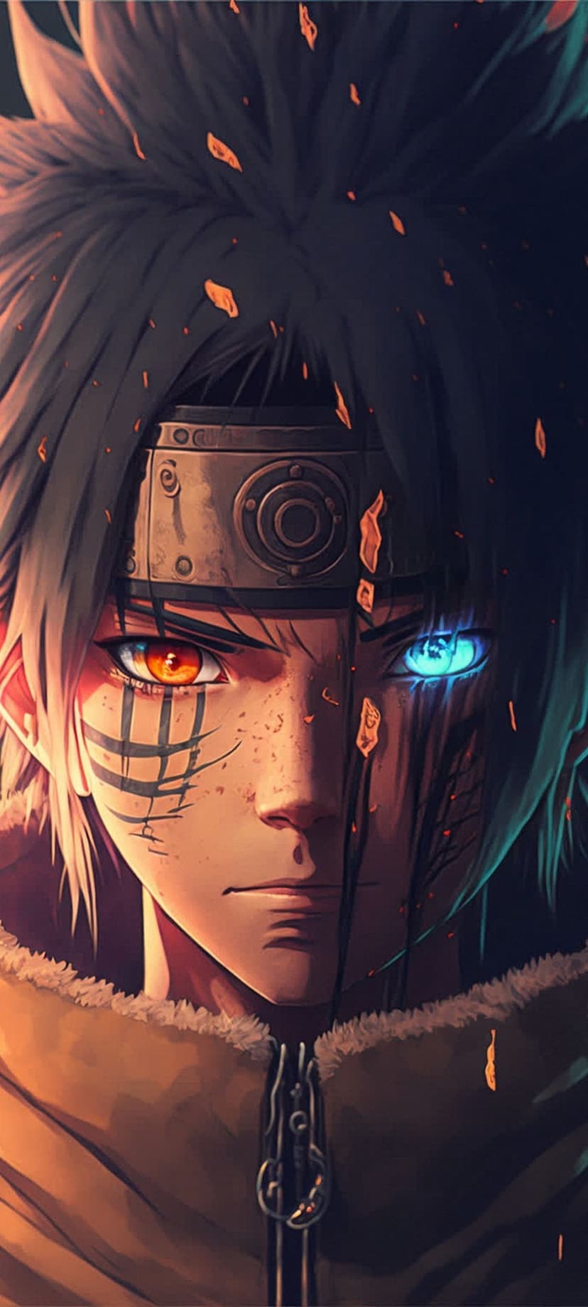 Shinobi with glowing heterochromia eyes wears a metallic headband and fur jacket amidst floating fire embers.
