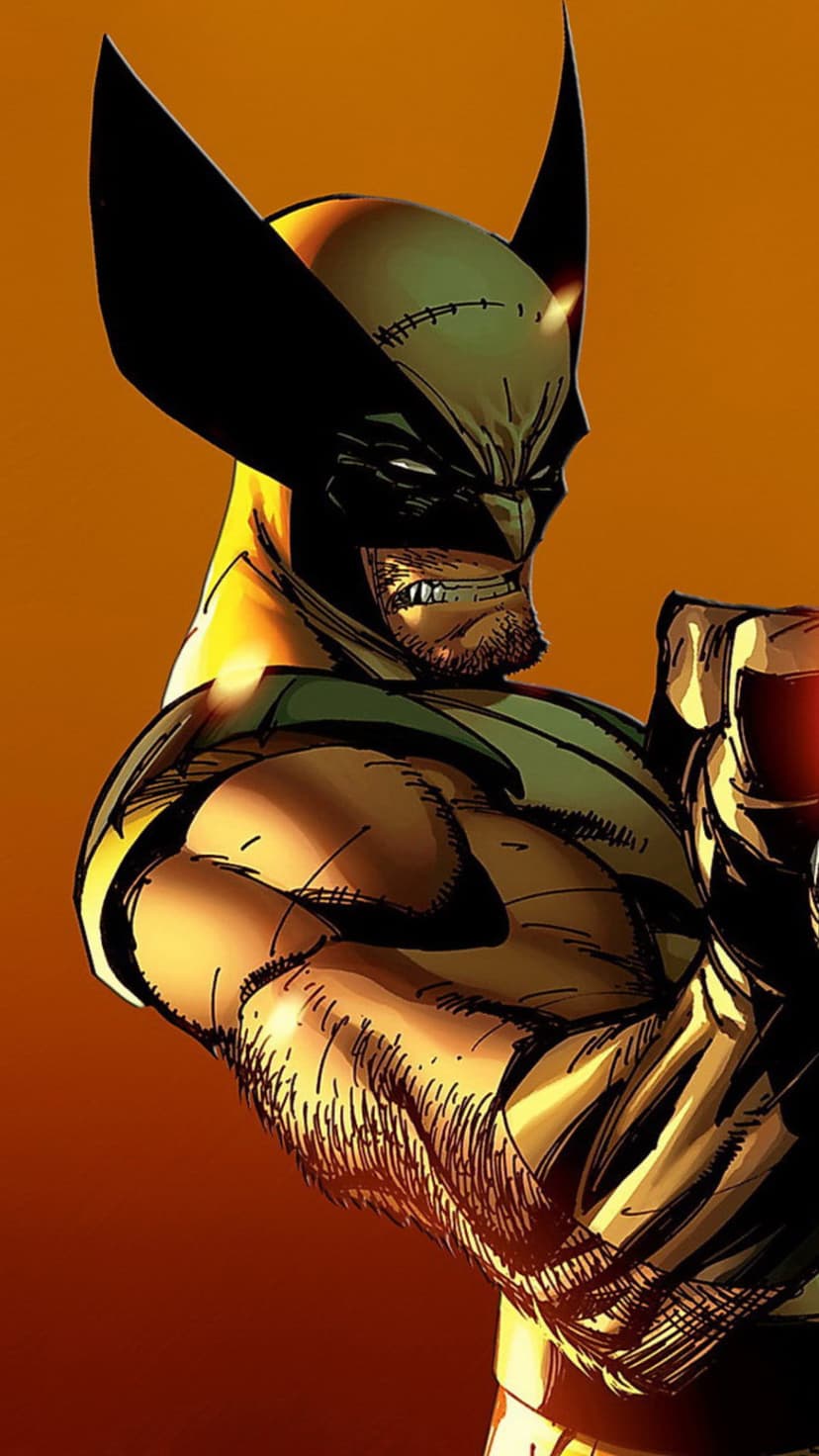 Wolverine's masked face shows gritted teeth and narrowed white eyes against a dark, shadowed background.
