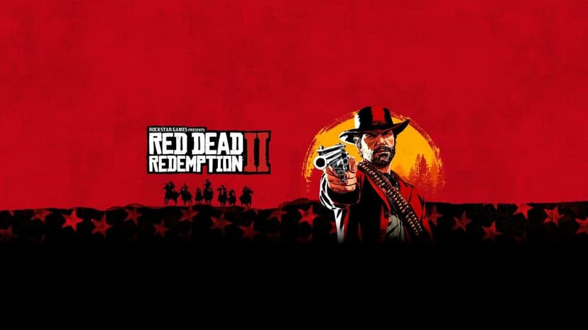 Arthur Morgan points a revolver against a red background with gang silhouettes and a large orange sun.
