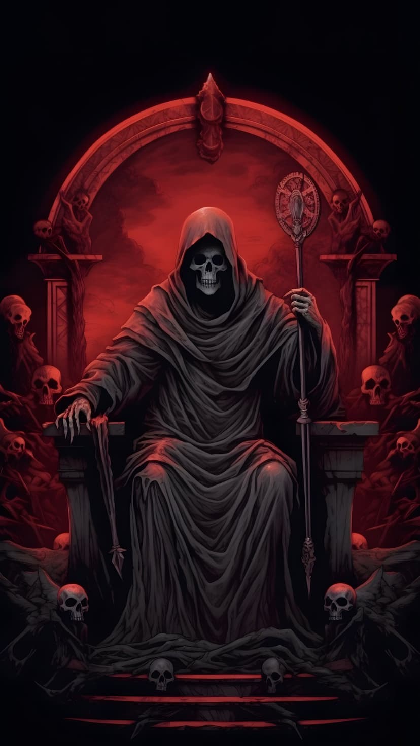 Hooded Grim Reaper sits on a throne of skulls surrounded by crimson mist inside a dark gothic stone archway.